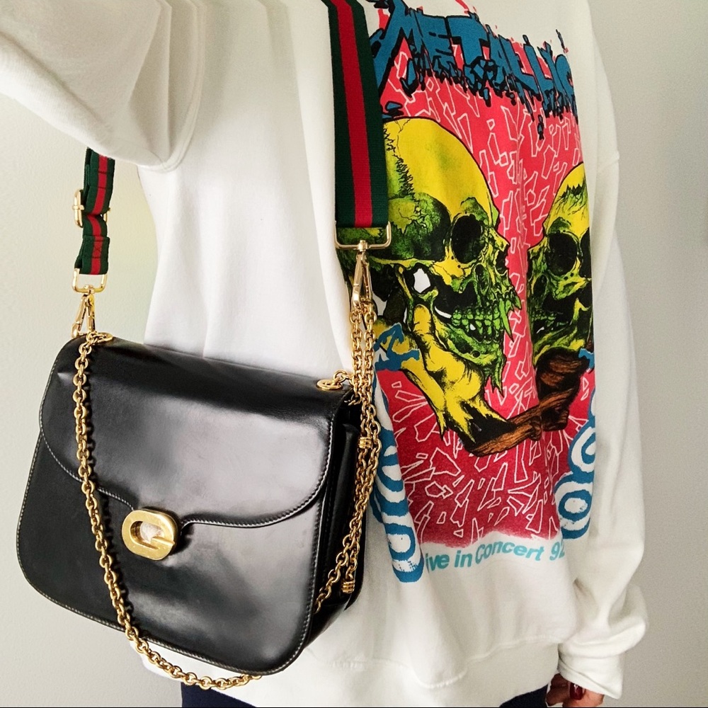 VINTAGE GUCCI BOX BAG BLACK LEATHER GOLD CHAIN